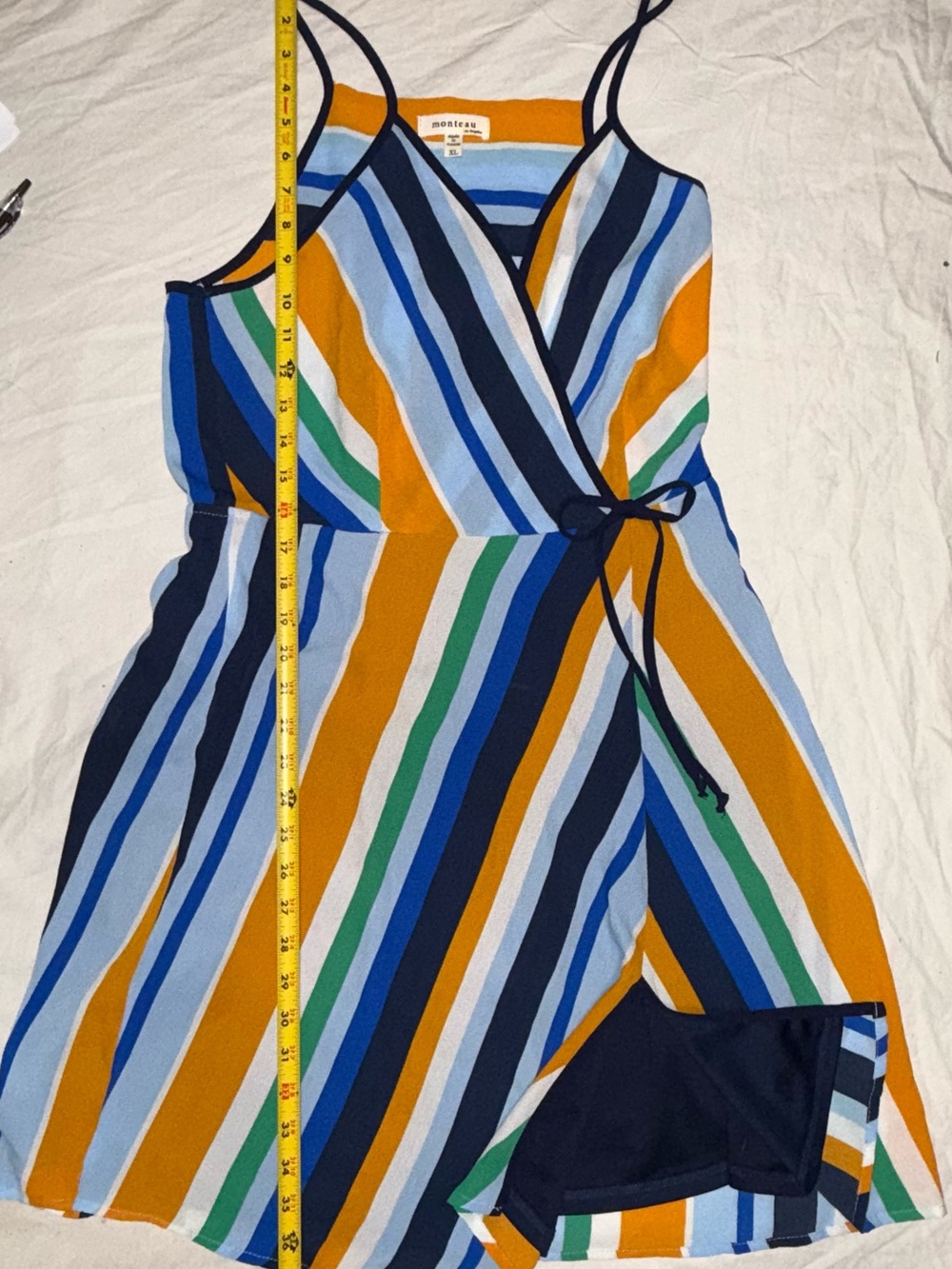 Monteau Striped Wrap Mini Dress in Mustard, Navy & Light Blue